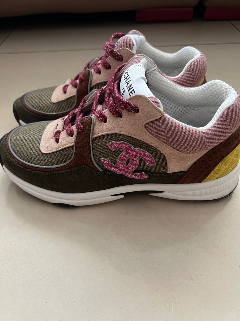 CHANEL Pink Olive and Brown Mixed-Material Women's Sneakers - Picture 2 of 7